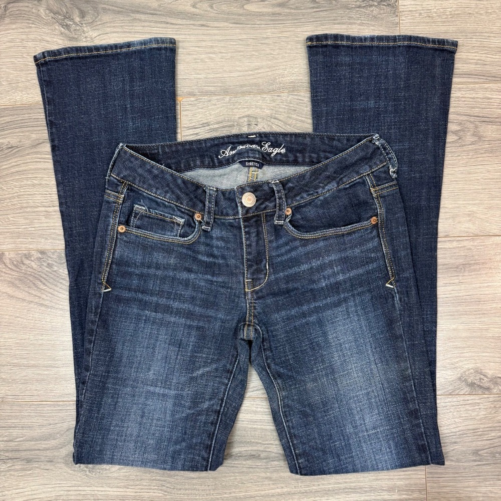 American Eagle Skinny Kick Jeans Womens 6 Dark Wash Stretch‎ Low Rise Flare Y2K